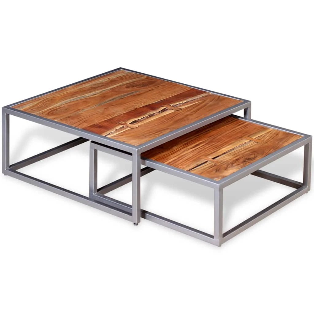 vidaXL VidaXL Two Piece Coffee Table Set Solid Acacia Wood With Black Metal Frame For Living Room Decor - Coffee Table