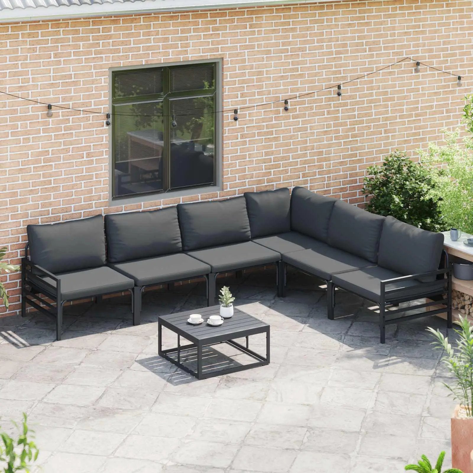 vidaXL vidaXL Garden Sofa Set with Cushion 6 pcs Black Steel - Garden Sofa Sets