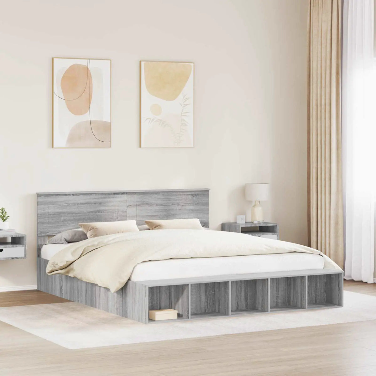vidaXL Bed Frame with Shelf Grey Sonoma 200 x 200 cm Engineered Wood - from vidaXL