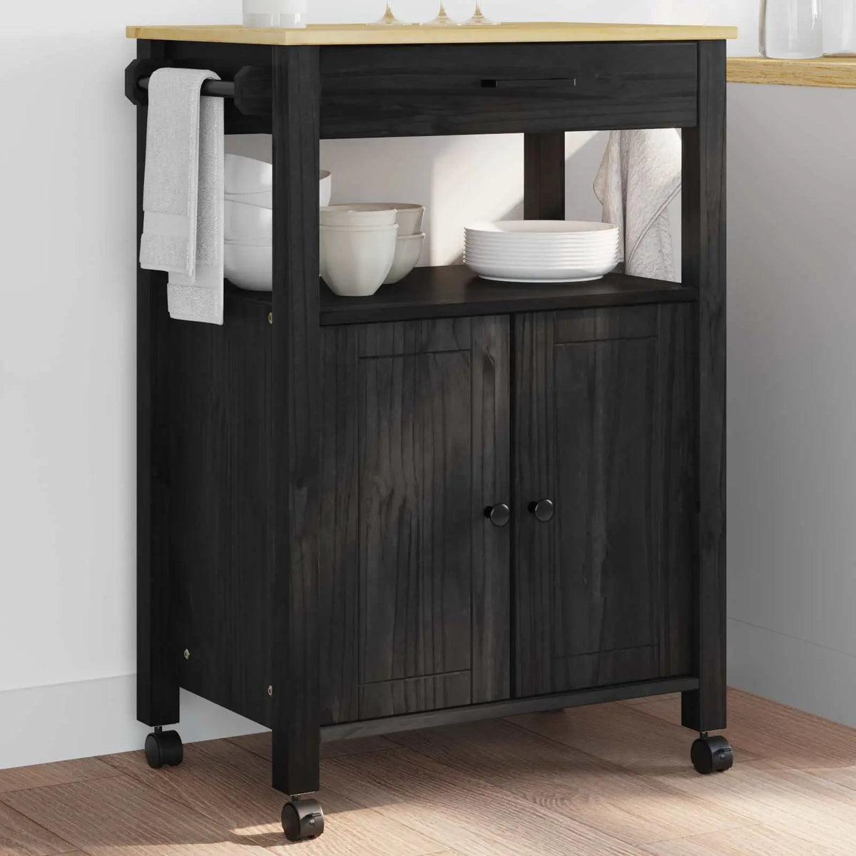 vidaXL Kitchen Trolley MONZA Black 60 x 40 x 88.5 cm Solid Pine Wood - from vidaXL