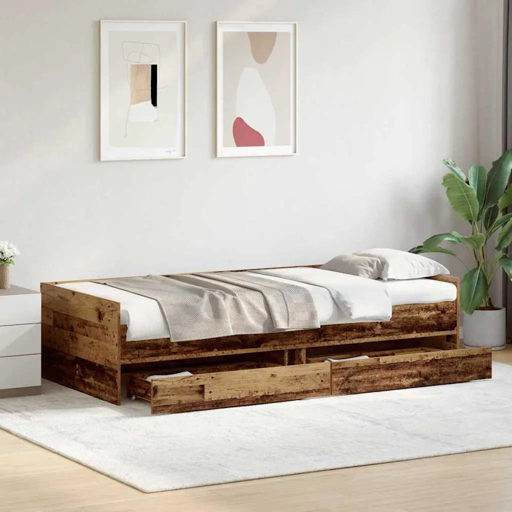 vidaXL Bed Frame with Drawer Old Wood 100 x 200 cm Solid Pine Wood - from vidaXL