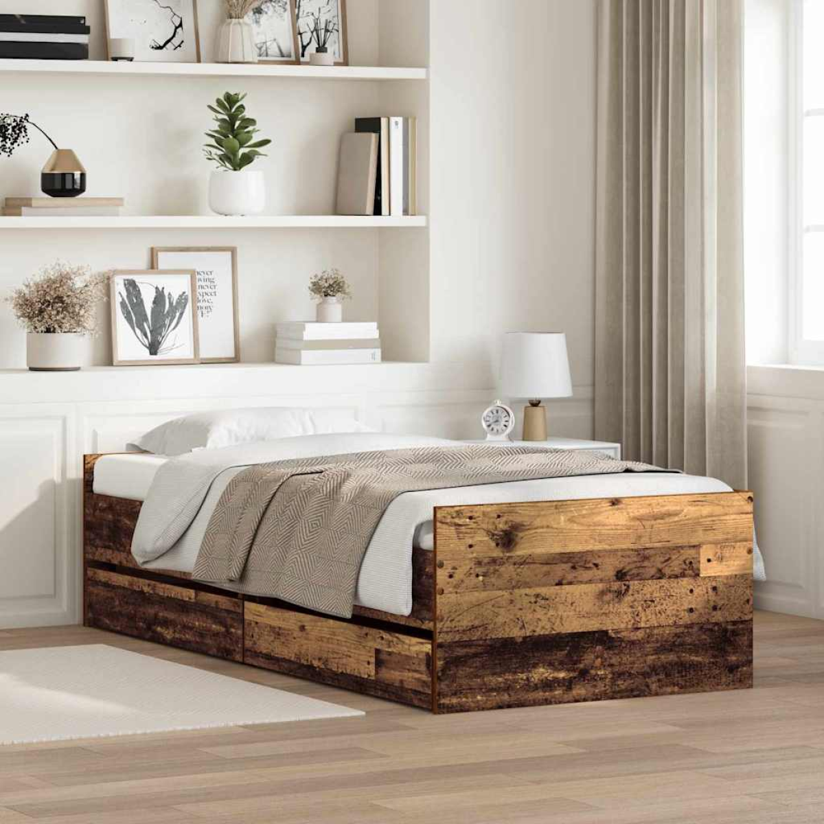 vidaXL Bed Frame with Drawer Old Wood 100 x 200 cm Solid Pine Wood - from vidaXL