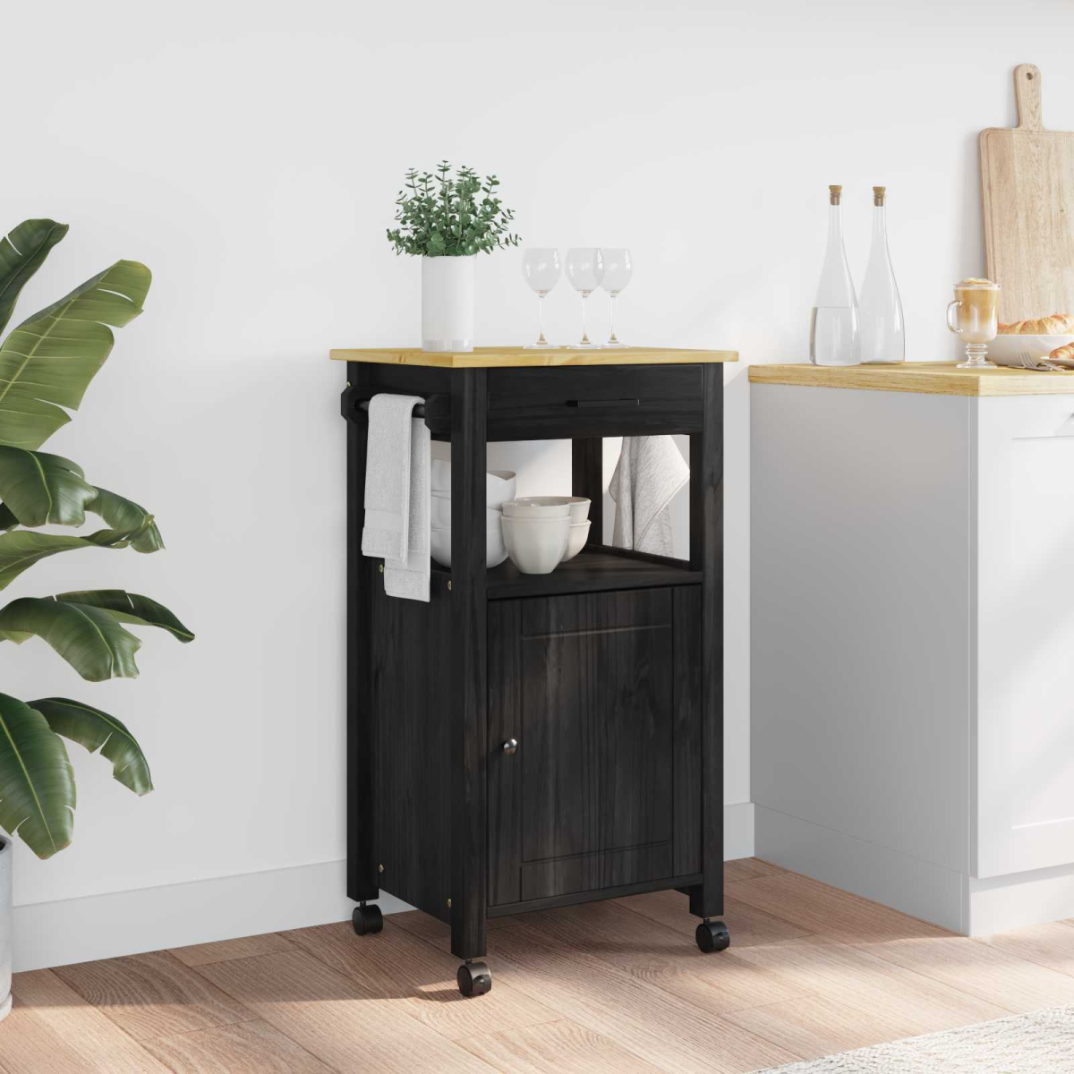 vidaXL Kitchen Trolley MONZA Black 48 x 40 x 88.5 cm Solid Pine Wood - from vidaXL