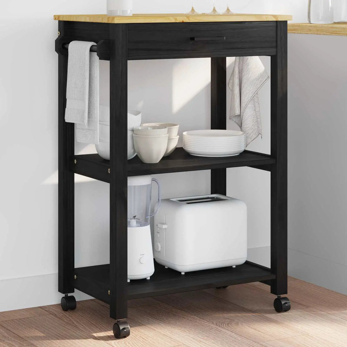 vidaXL Kitchen Trolley MONZA Black 60 x 40 x 88.5 cm Solid Pine Wood - from vidaXL