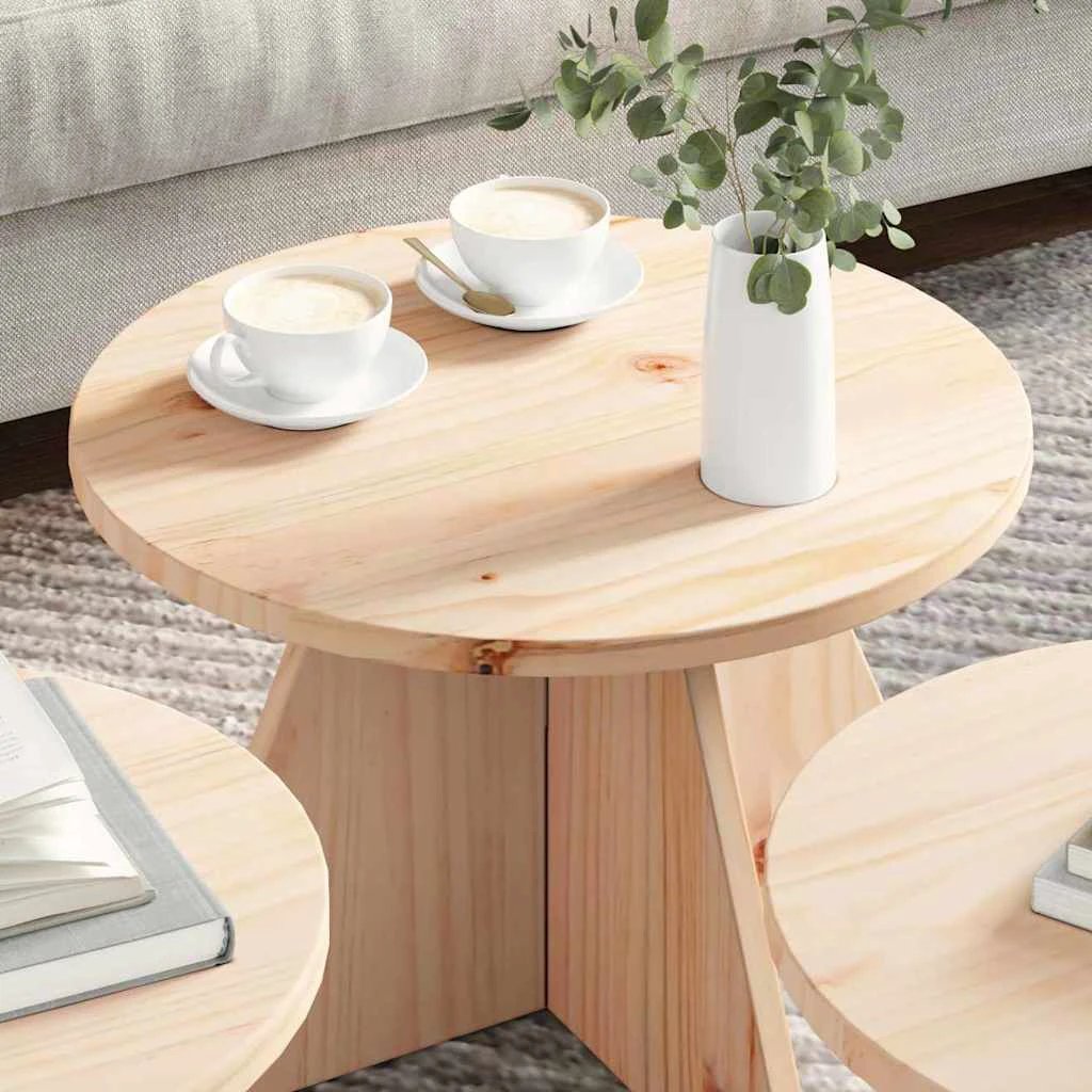 vidaXL VidaXL 3-Piece Round Rustic Pine Coffee Table Set Solid Wood For Living Room Home Decor - Coffee Table