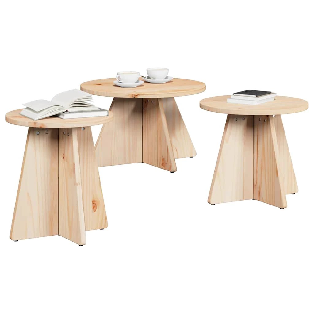 vidaXL VidaXL 3-Piece Round Rustic Pine Coffee Table Set Solid Wood For Living Room Home Decor - Coffee Table