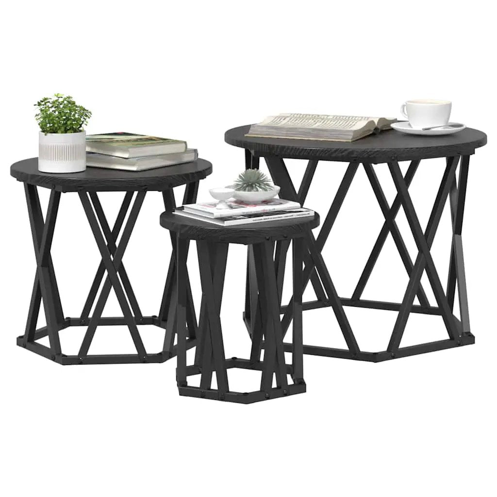 vidaXL vidaXL Nesting Side Table 3 pcs Black Oak Engineered Wood and Steel - Nest of Tables