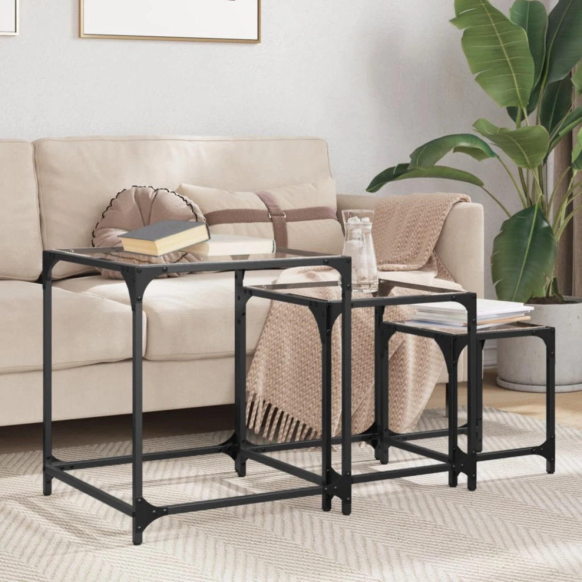 vidaXL VidaXL Nesting Coffee Tables 3 Piece Set Steel Frames Transparent Glass Tops For Living Room - Coffee Table