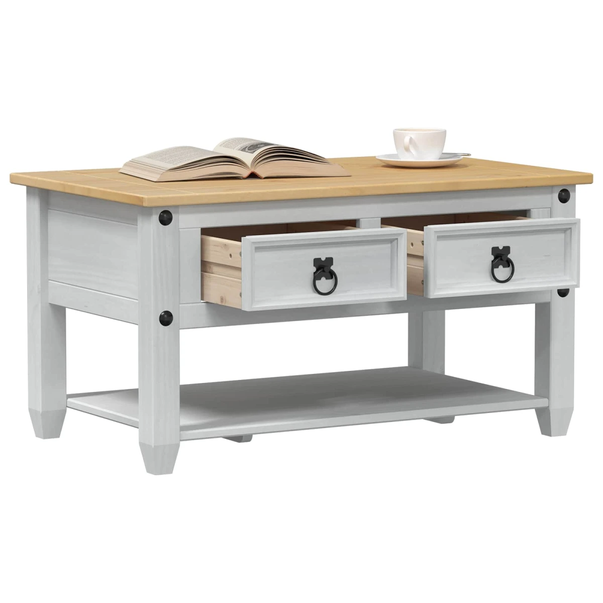 vidaXL VidaXL Rustic White Coffee Table With Drawer 85 X 50 X 45 cm Solid Pine Wood Modern Living Room - Coffee Table