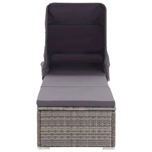 Sun Lounger with Canopy and Cushion Poly Rattan Grey by vidaXL