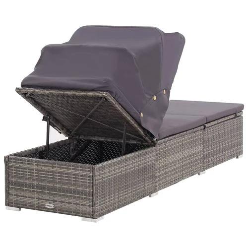 Sun Lounger with Canopy and Cushion Poly Rattan Grey by vidaXL
