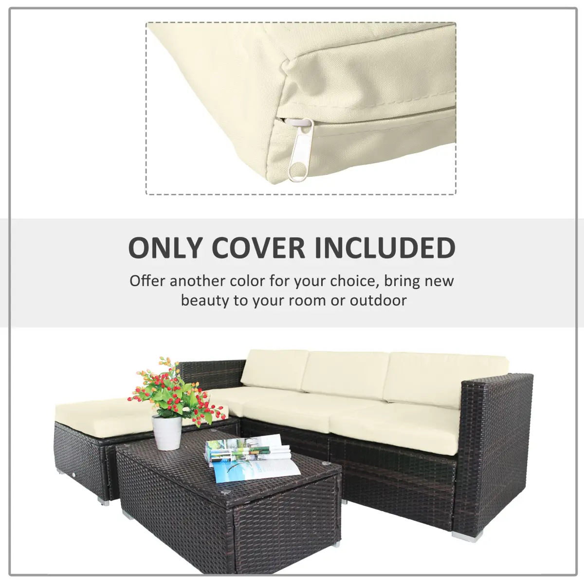 Outsunny Rattan Garden Wicker Patio Furniture Cushion Cover Sofa Cover Replacement - Cover