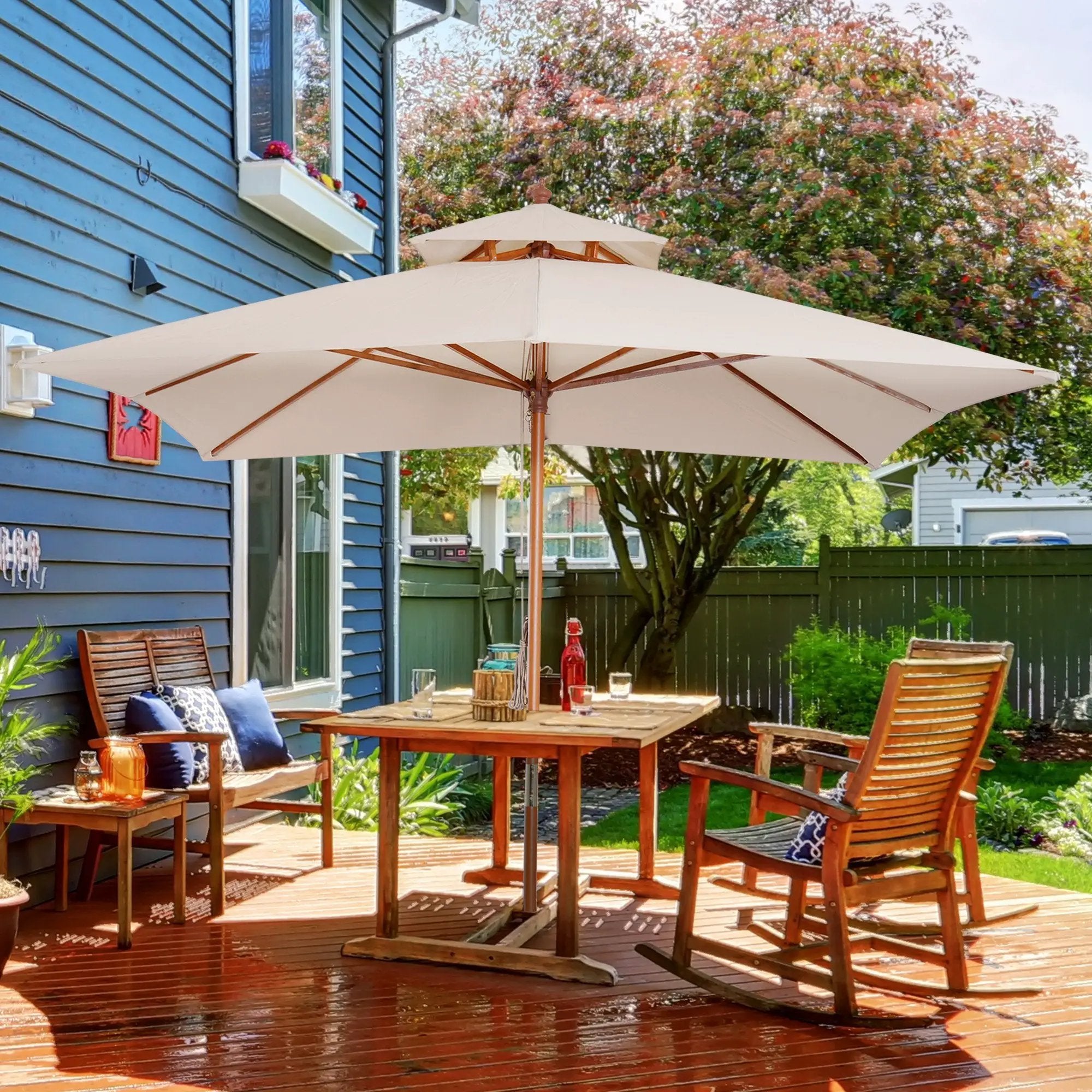 Outsunny 3x3m Wood Square Patio Umbrella Garden Market Parasol Sunshade Canopy - Parasol