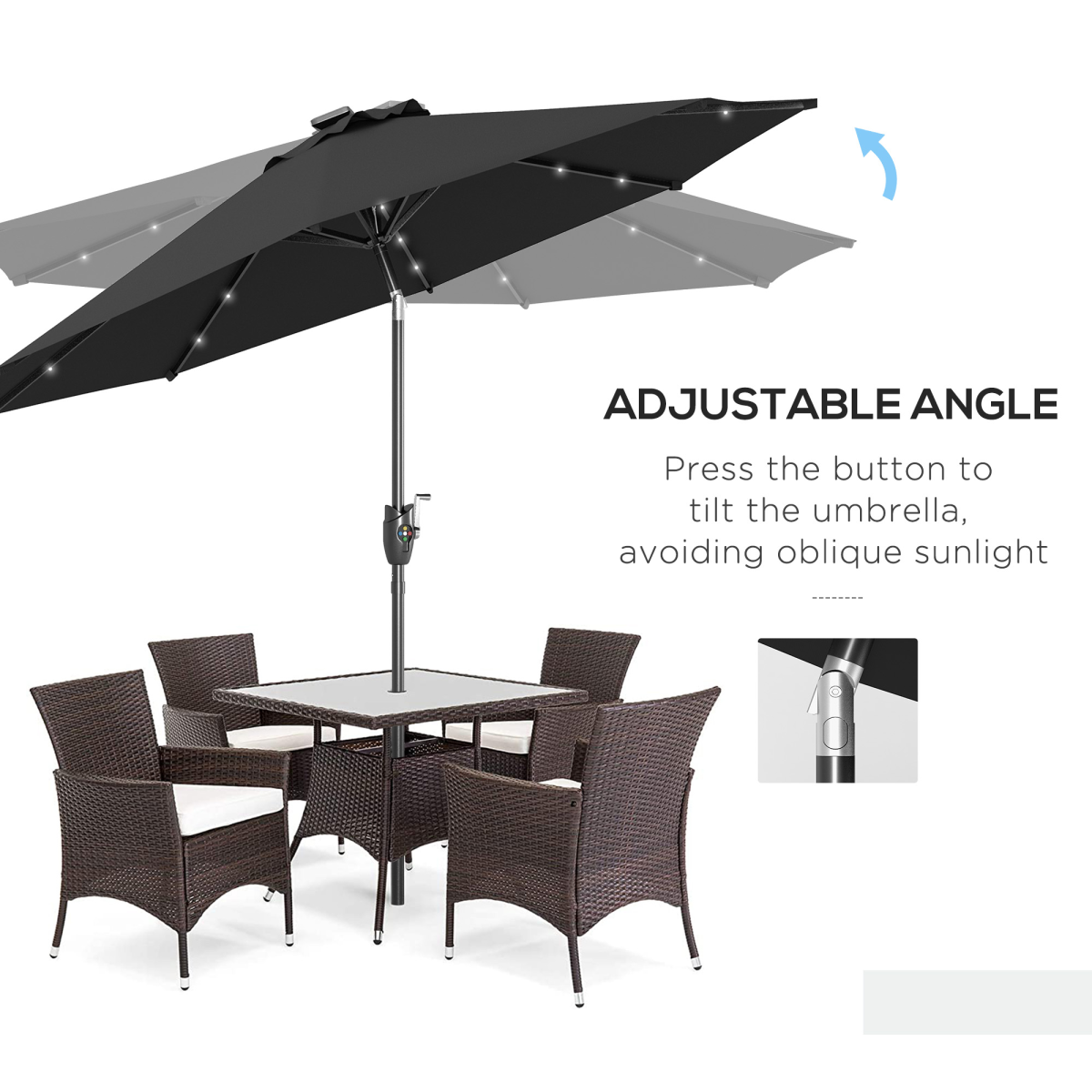 Outsunny Garden 24 LED Light Parasol Outdoor Tilt Sun Umbrella Patio Club Party Sunshade - Parasol