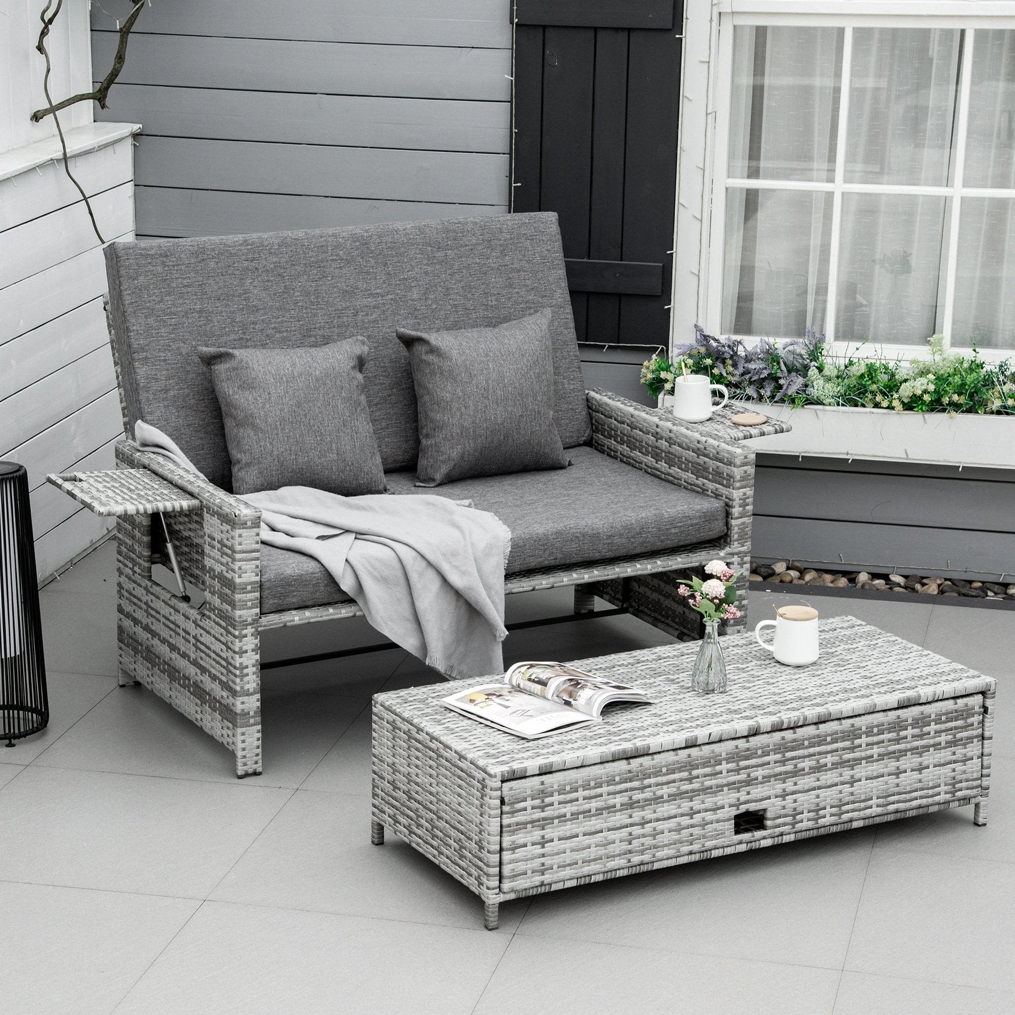 2 Seater Garden Rattan Sofa Sun Lounger Daybed Fire Retardant Sponge by Outsunny