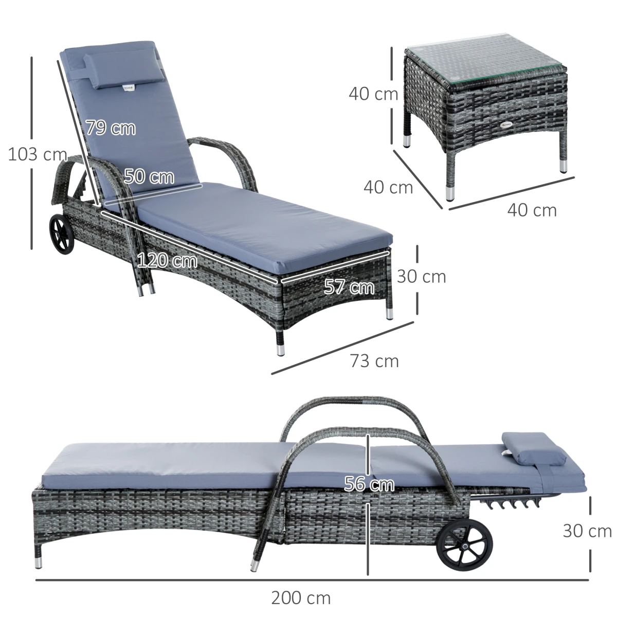 Outsunny Outsunny 3 Piece Sun Lounger Set With Cushions 5 Position Adjustable Outdoor Patio - Sun Lounger