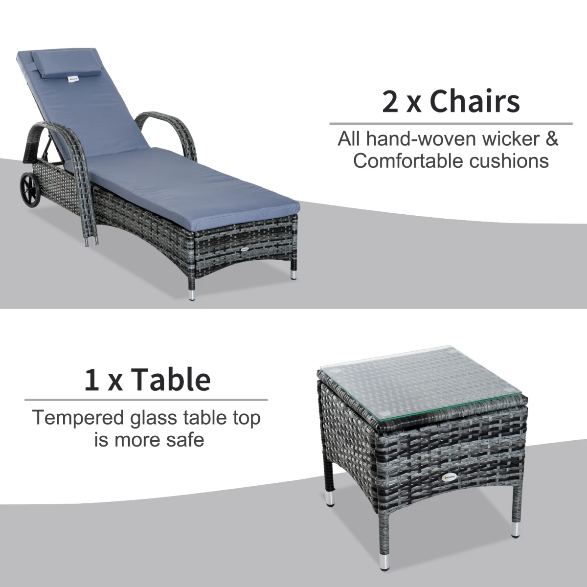 Outsunny Outsunny 3 Piece Sun Lounger Set With Cushions 5 Position Adjustable Outdoor Patio - Sun Lounger