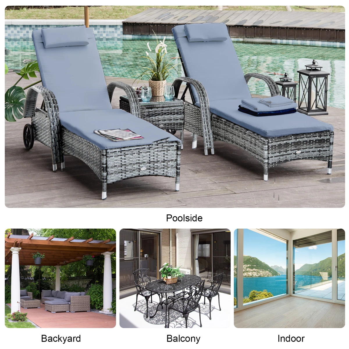 Outsunny Outsunny 3 Piece Sun Lounger Set With Cushions 5 Position Adjustable Outdoor Patio - Sun Lounger