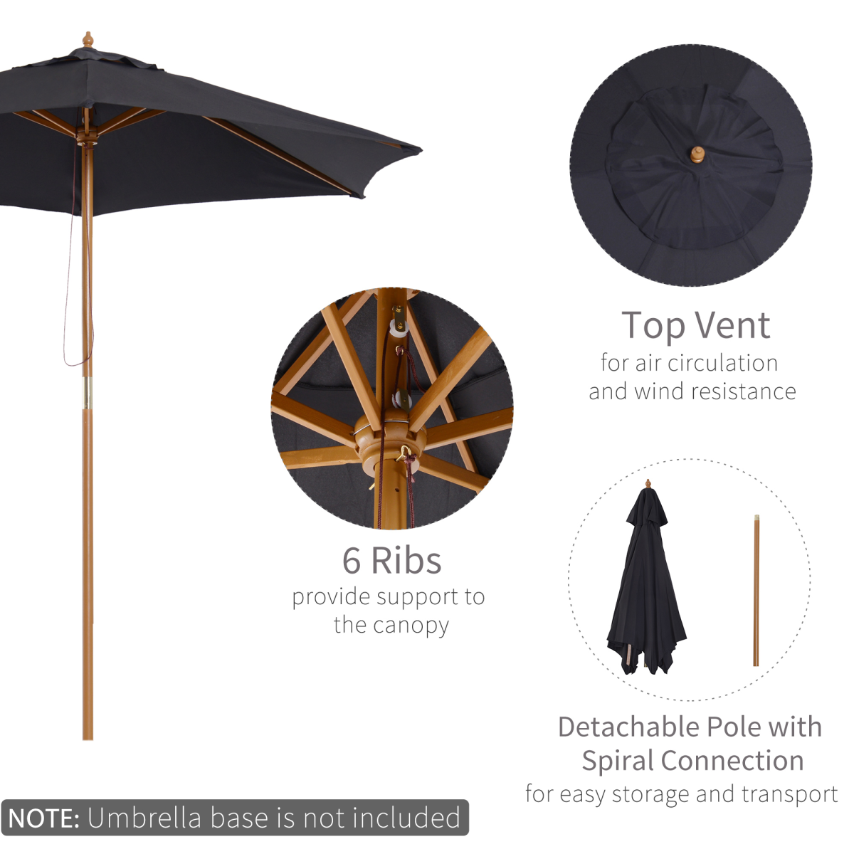 Outsunny 2.5m Wooden Garden Patio Parasol Umbrella - Parasol
