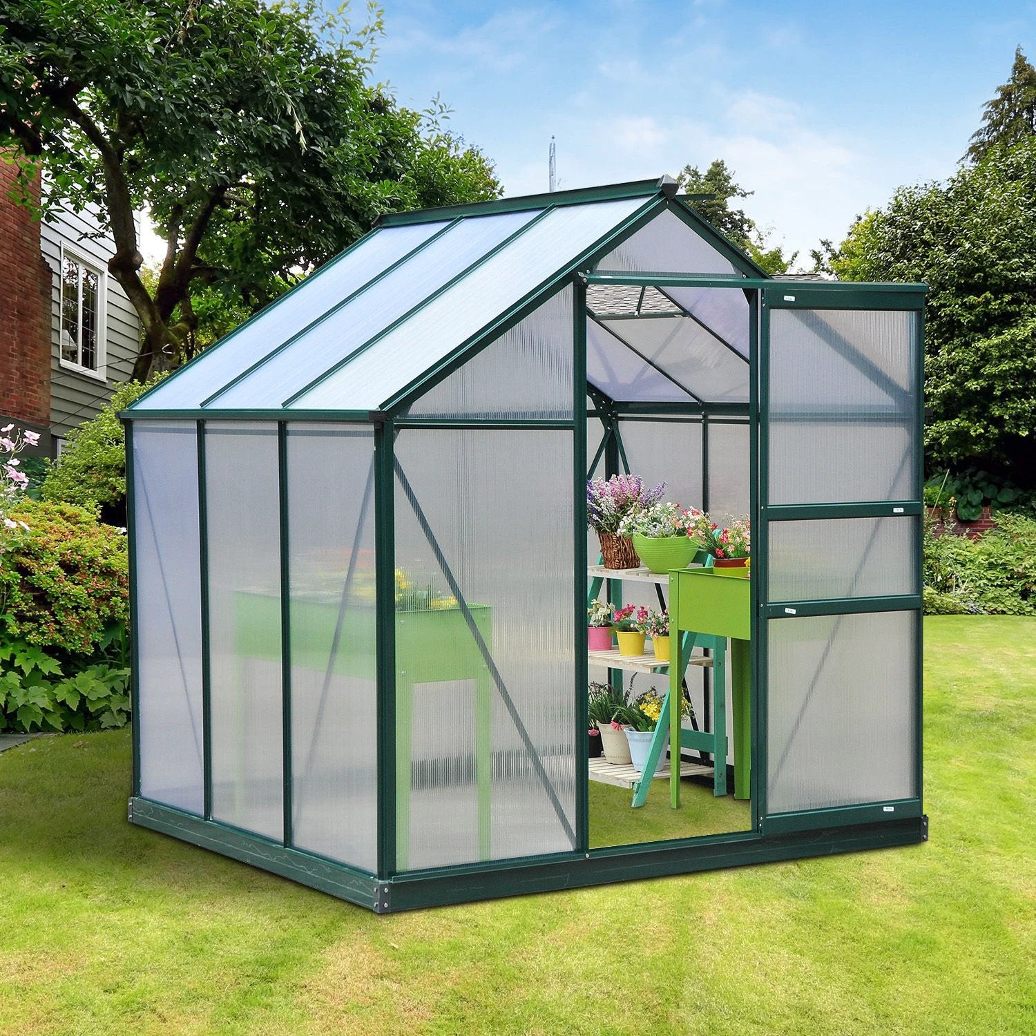 Outsunny Clear Large Walk-In Greenhouse Garden Plants Grow Galvanized Base, Slide Door - Greenhouse