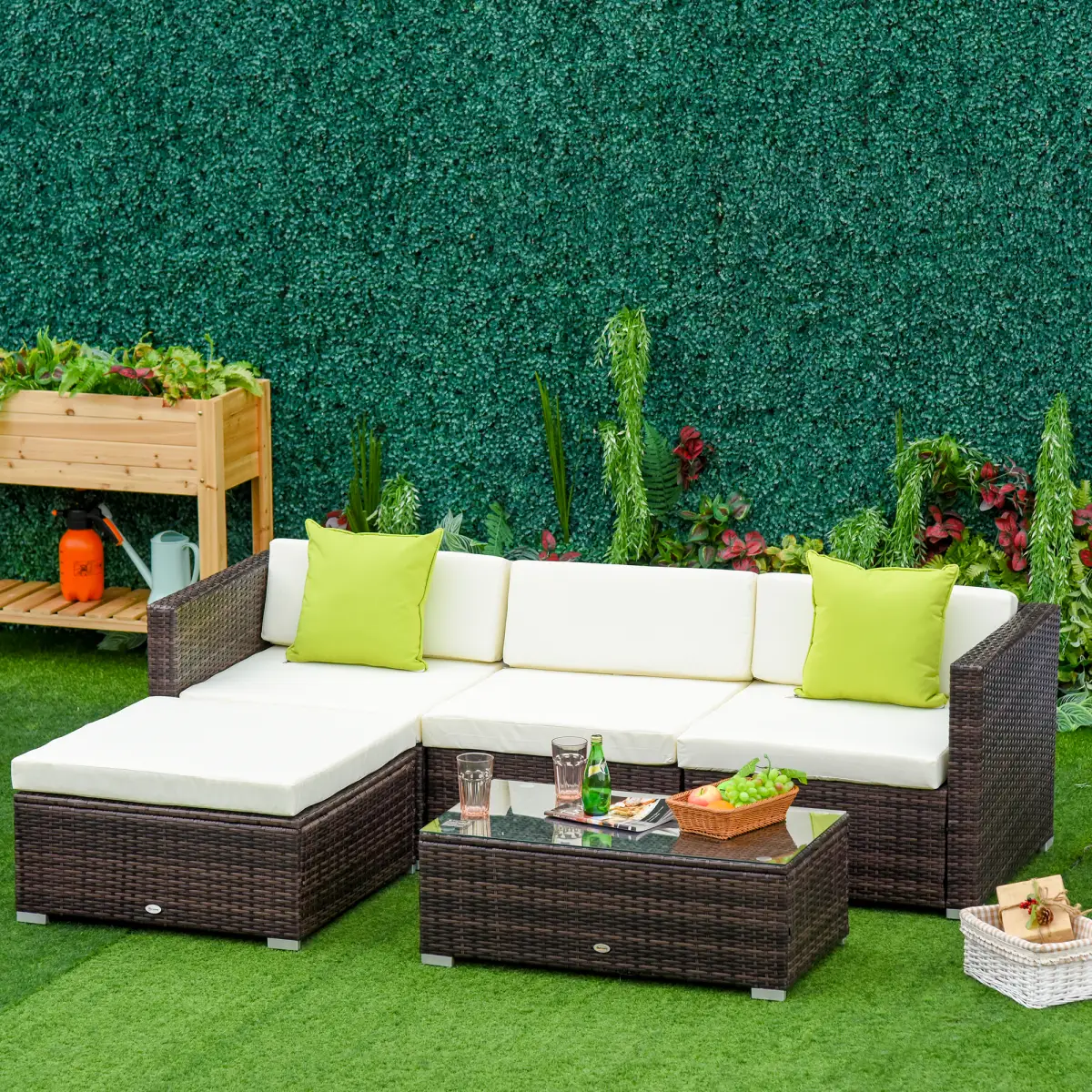 Outsunny 5PC Rattan Furniture Set Wicker Sofa Glass Tempered Tea Table & Cushion Pillows - Garden Sofa Sets
