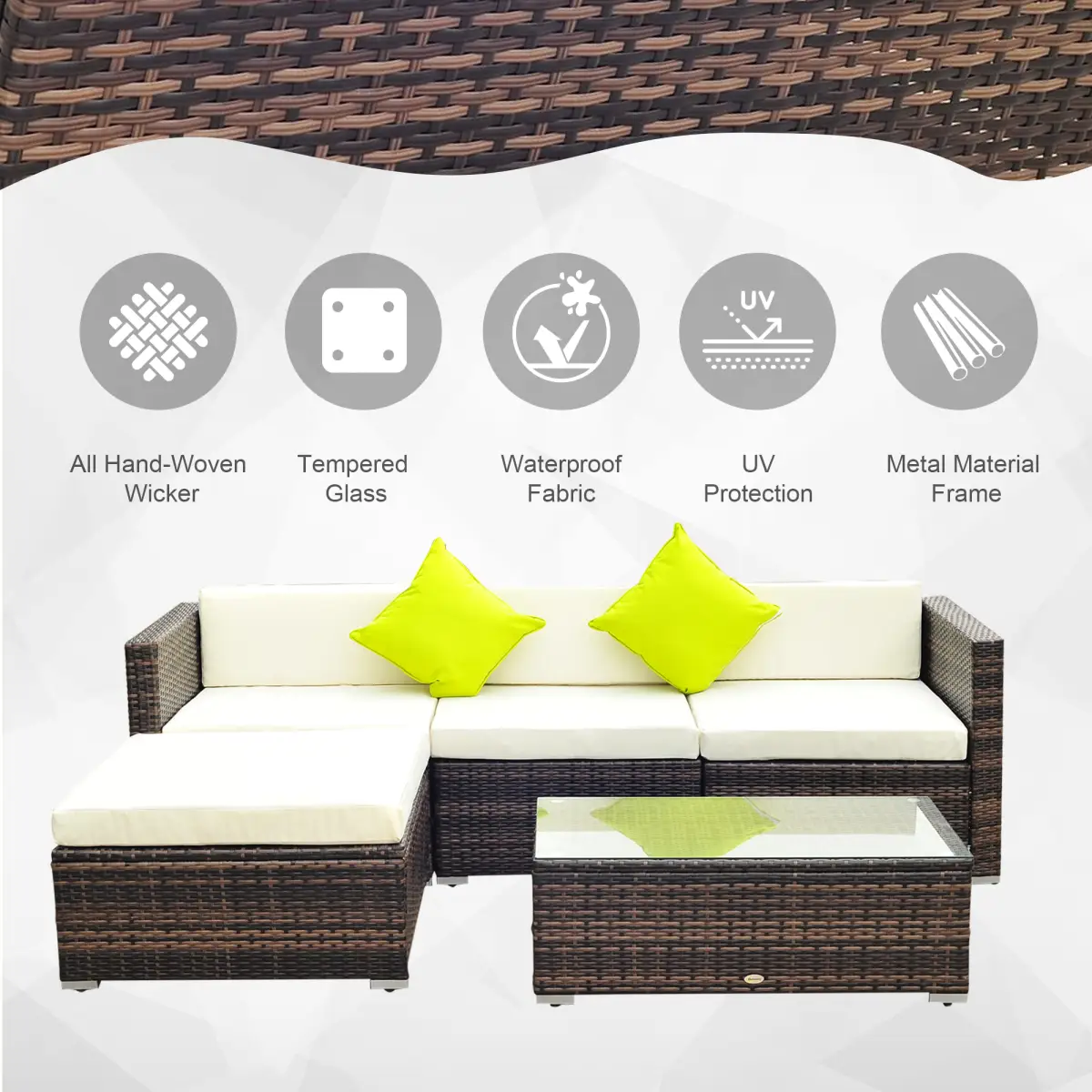Outsunny 5PC Rattan Furniture Set Wicker Sofa Glass Tempered Tea Table & Cushion Pillows - Garden Sofa Sets