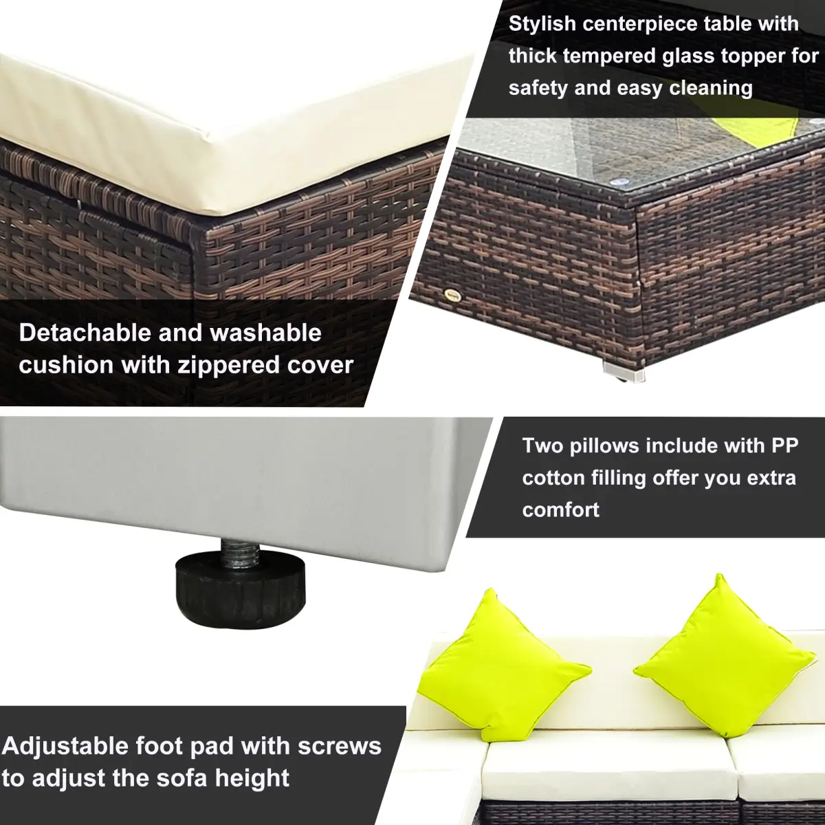 Outsunny 5PC Rattan Furniture Set Wicker Sofa Glass Tempered Tea Table & Cushion Pillows - Garden Sofa Sets