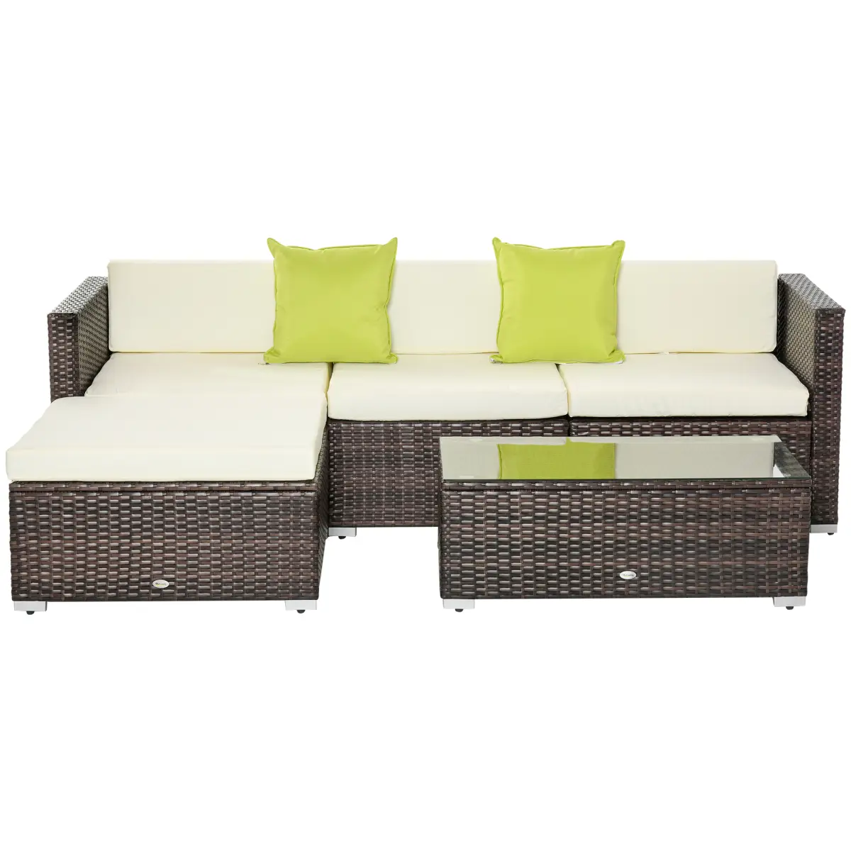 Outsunny 5PC Rattan Furniture Set Wicker Sofa Glass Tempered Tea Table & Cushion Pillows - Garden Sofa Sets