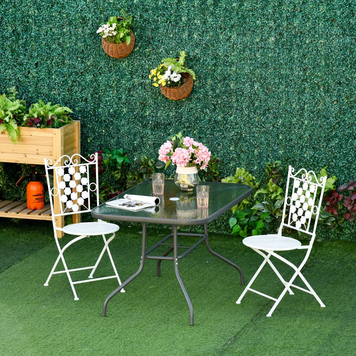 Outsunny Aquatex Glass Garden Table Curved Metal Frame w/ Parasol Hole 4 Legs - Garden Table