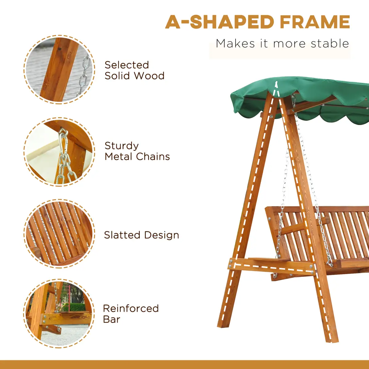 Outsunny 3-Seater Wooden Garden Swing Chair Seat Bench - Hammocks