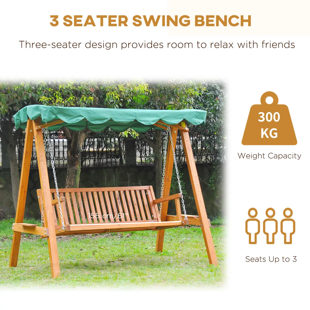 Outsunny 3-Seater Wooden Garden Swing Chair Seat Bench - Hammocks