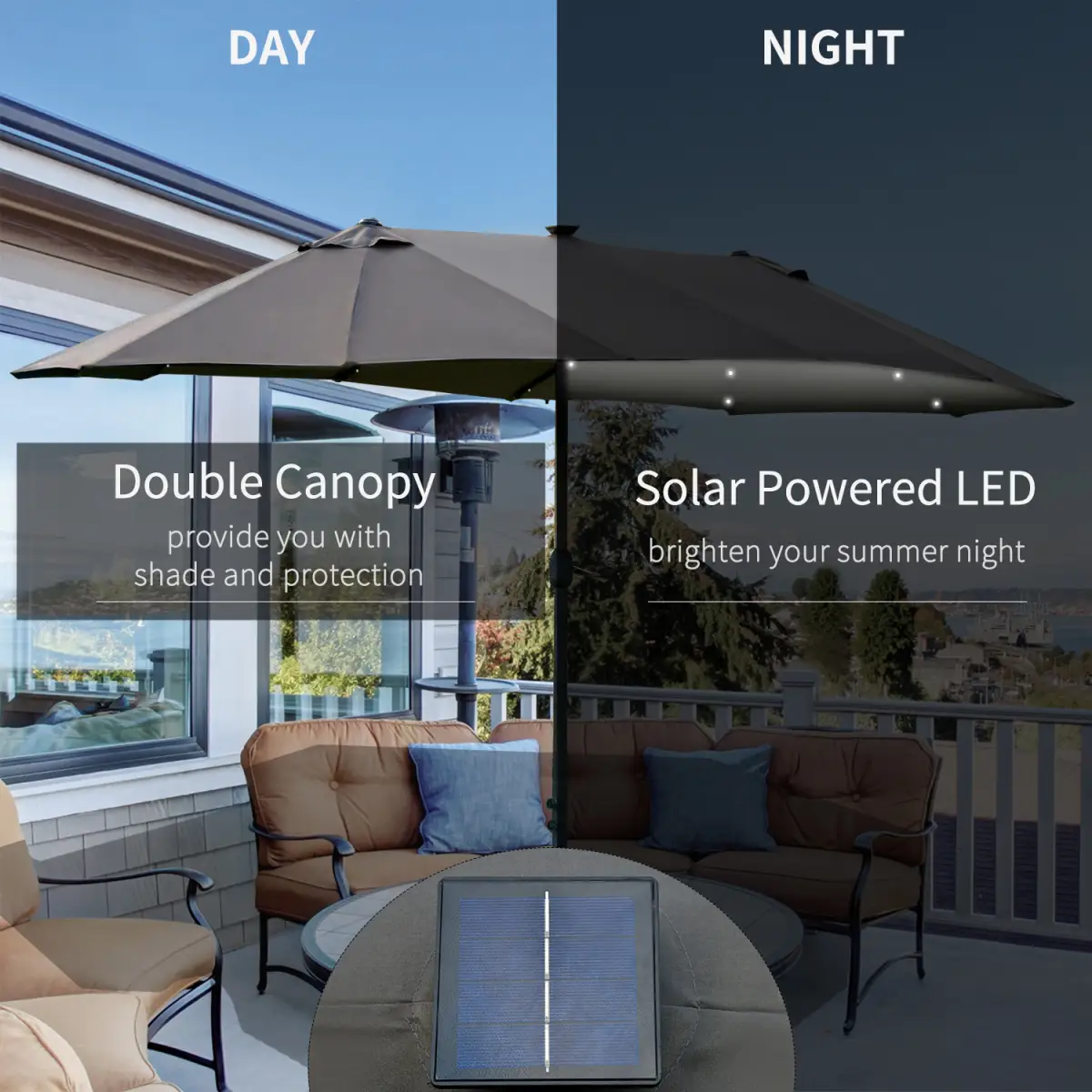 Outsunny Garden Parasol 4.4m Double-Sided Sun Umbrella Patio Sun Shade LED Solar Light - Parasol