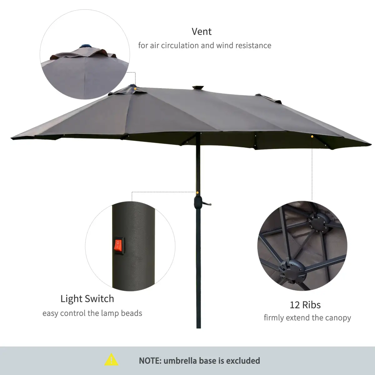 Outsunny Garden Parasol 4.4m Double-Sided Sun Umbrella Patio Sun Shade LED Solar Light - Parasol