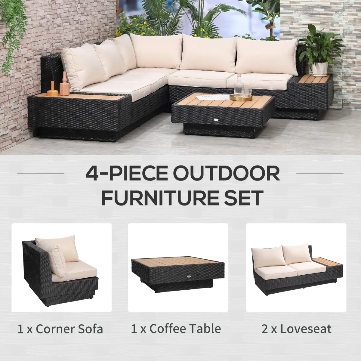 Outsunny 4Pcs Rattan Sofa Garden Set Coffee Table Chairs Loveseat Outdoor w/ Cushion - Garden Sofa Sets