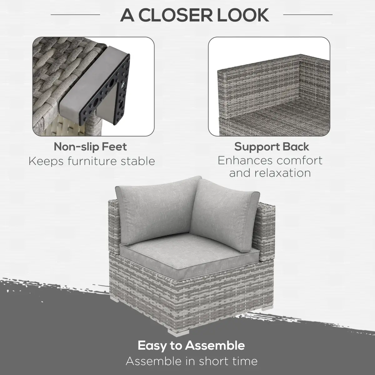 Outsunny PE Rattan Wicker Corner Sofa Garden Furniture Single Sofa Chair w/ Cushions - Garden Sofa Sets
