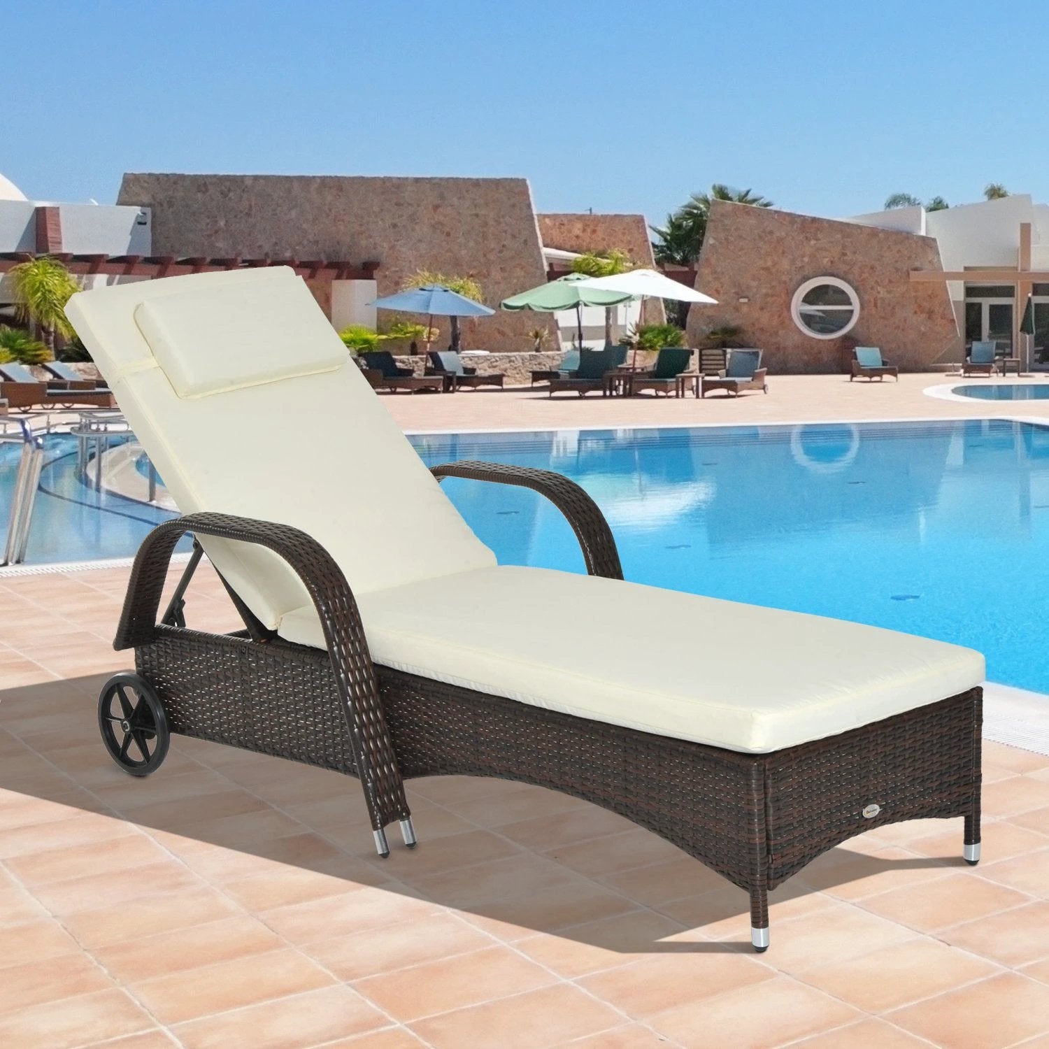 Outsunny Adjustable Rattan Sun Lounger Outdoor Recliner w/ Cushion Garden Pool - Sun Lounger