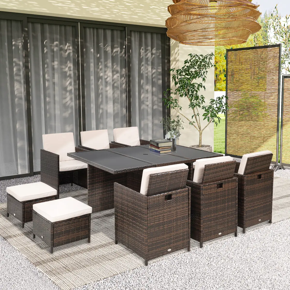 Outsunny 11pc Rattan Garden Dining Set 10 Cube Sofa 6 Chairs 4 Footrests & 1 Table - Garden Set