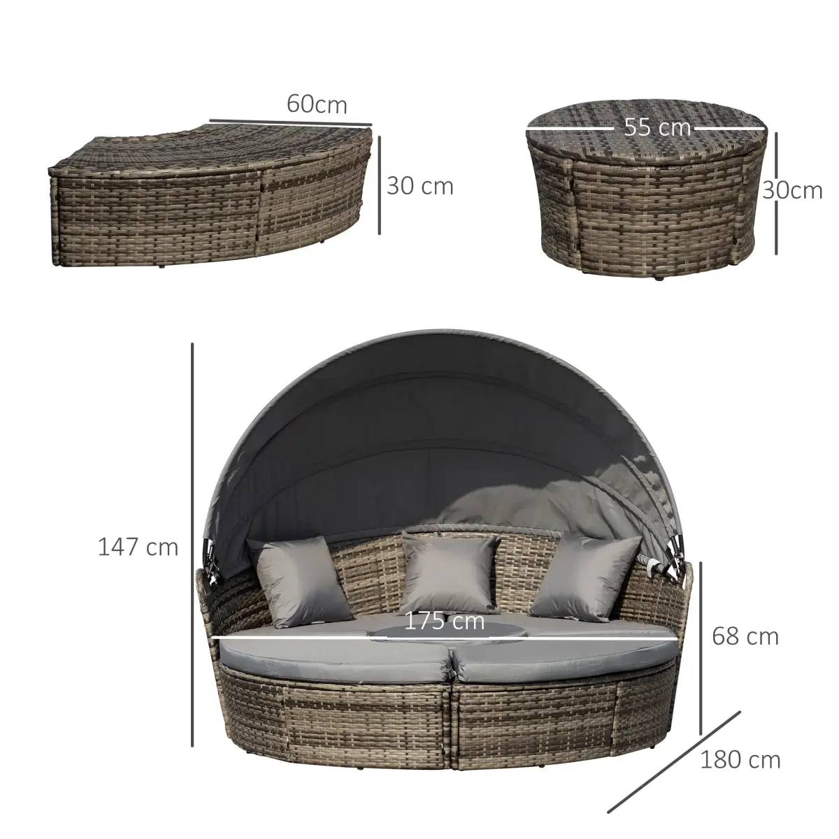 Outsunny 5 Pc Outdoor Plastic Rattan Wicker Round Sofa Bed Coffee Table Sectional Set - Garden Sofa Sets