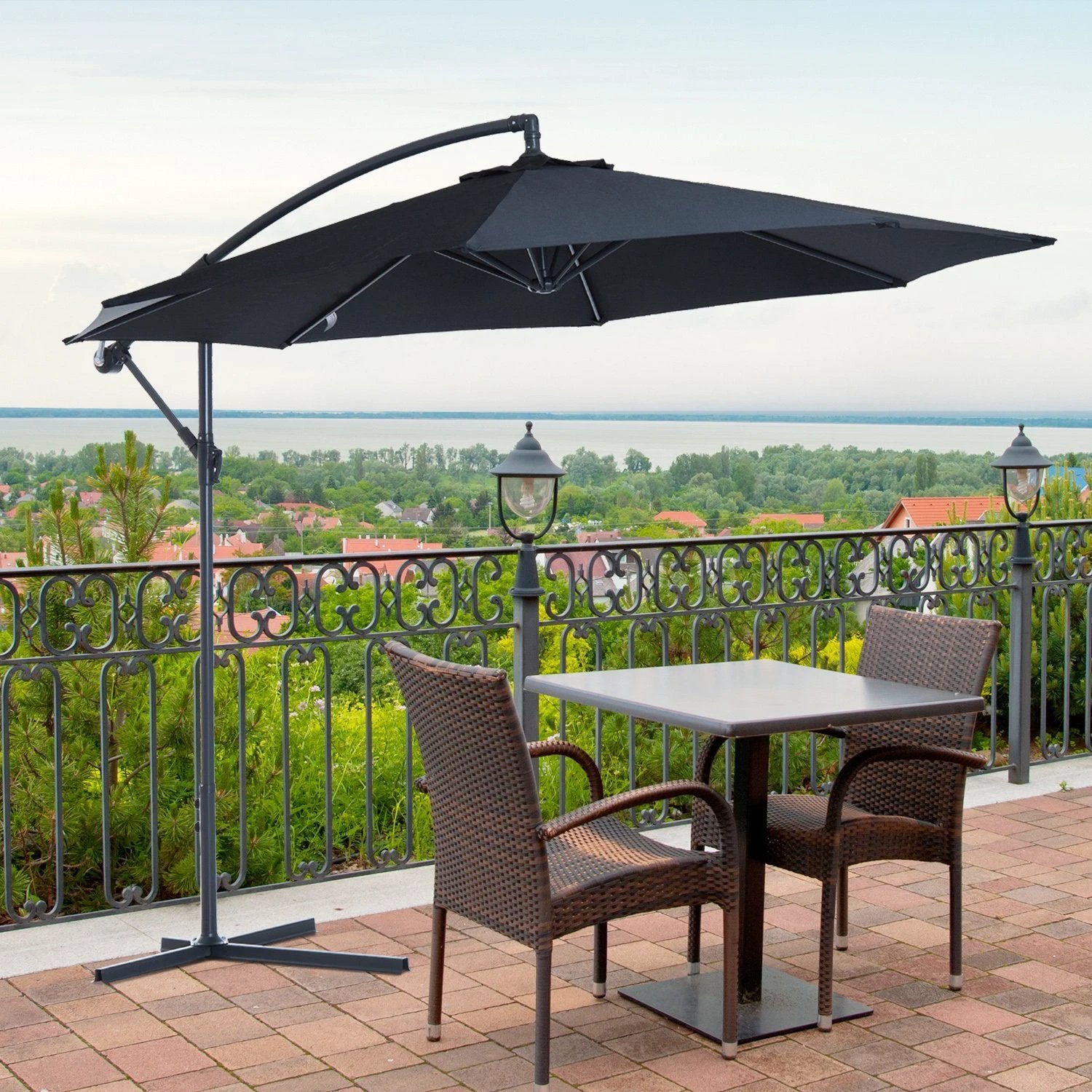 Outsunny 3mt Garden Parasol Sun Shade Patio Banana Hanging Rattan Set - Parasol