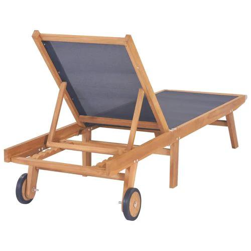 Folding Sun Lounger with Wheels Solid Teak and Textilene by vidaXL