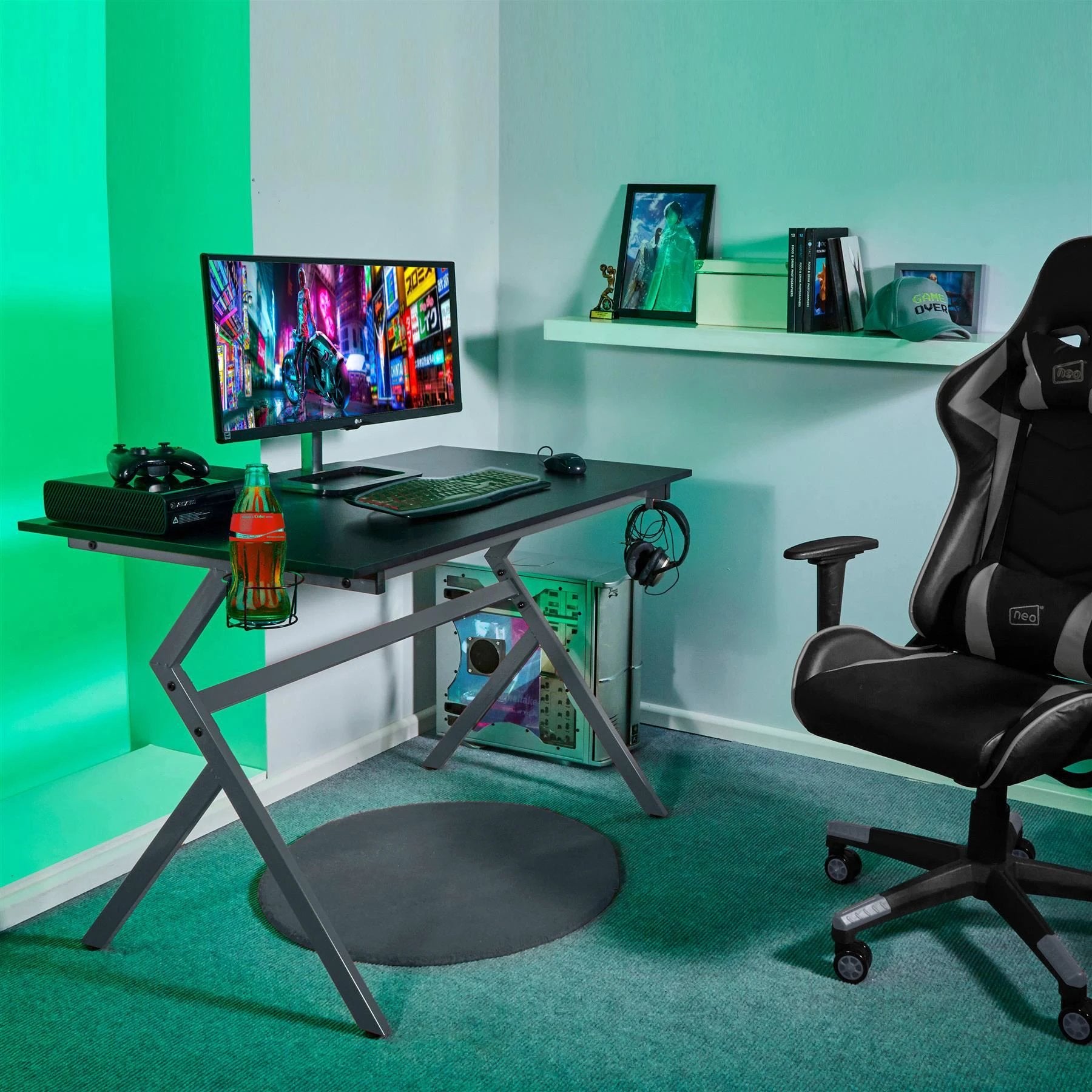Unbranded Neo Ergonomic Gaming Desk 120x60cm With Headphone Hook Cup Holder And Cable Management For Gamers - Desk