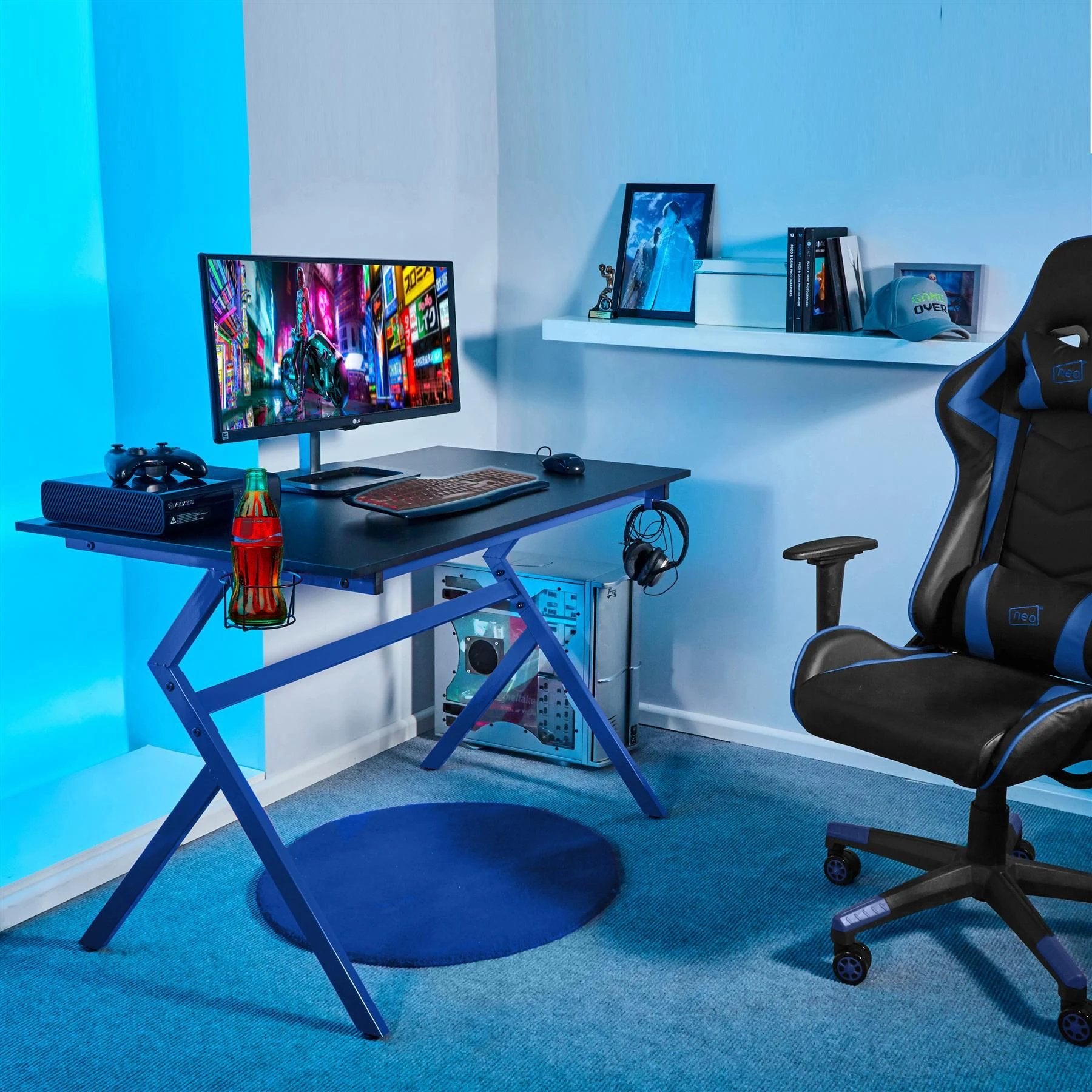 Unbranded Neo Ergonomic Gaming Desk 120x60cm With Headphone Hook Cup Holder And Cable Management For Gamers - Desk