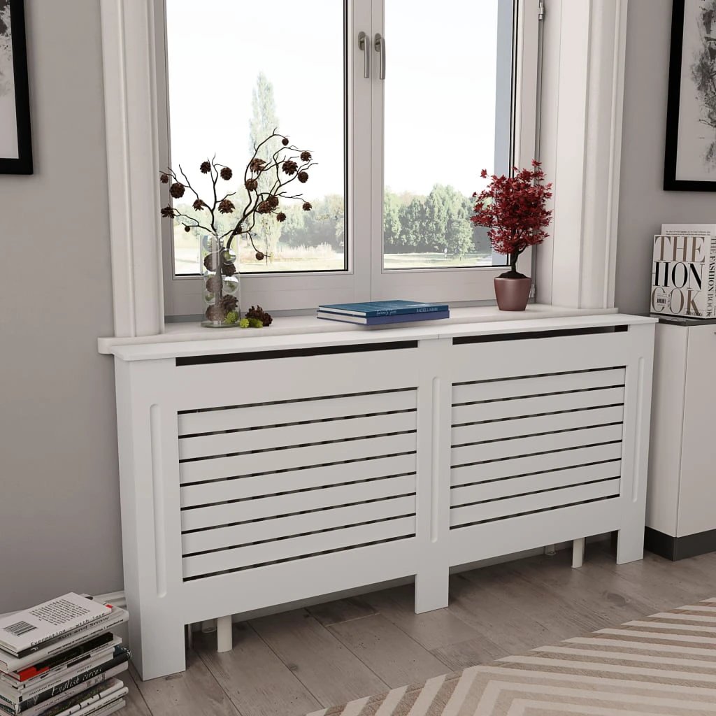 VidaXL Radiator Cover Cabinet 205 cm White MDF Modern Slatted Design With Shelf Living Room by vidaXL