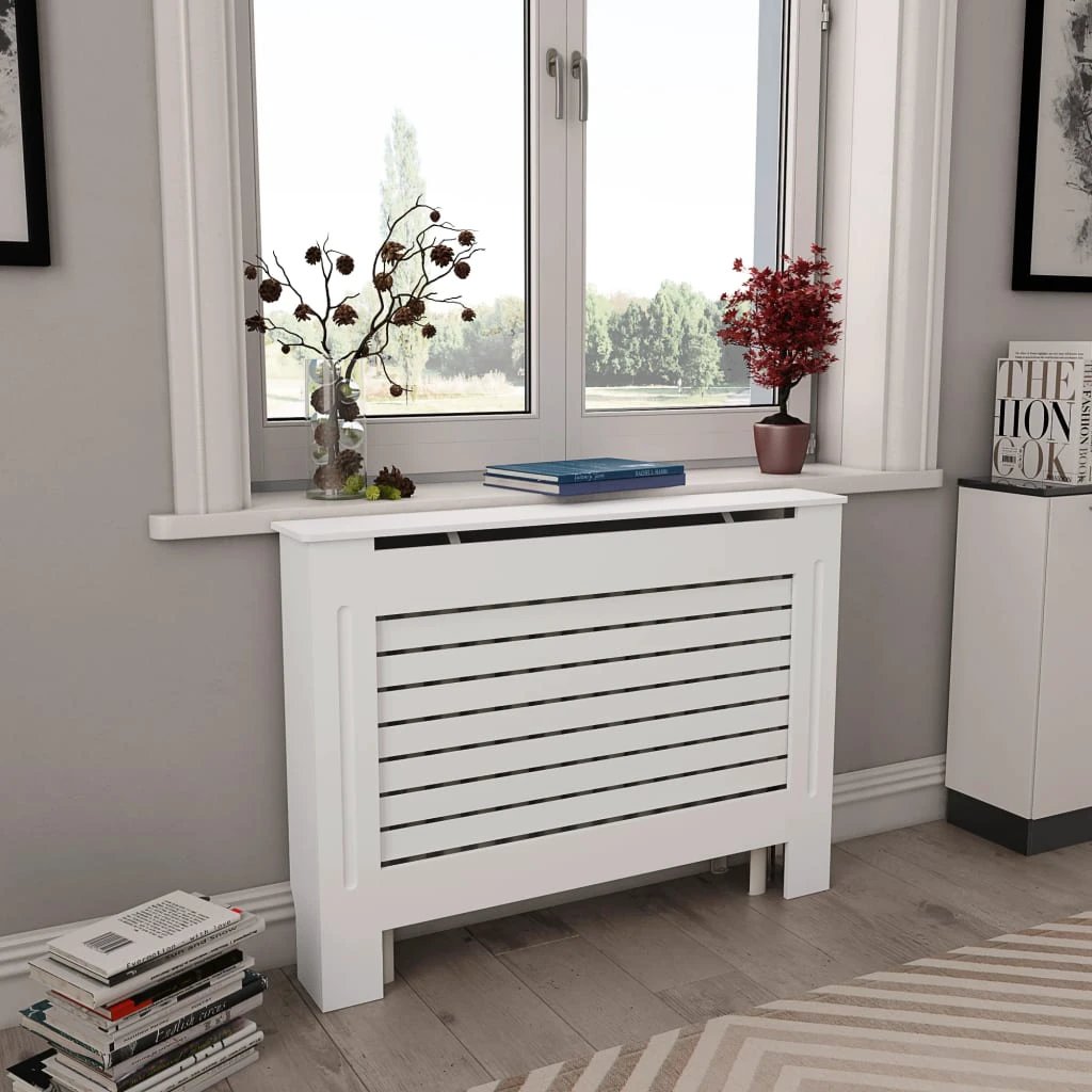 VidaXL Radiator Cover Cabinet 205 cm White MDF Modern Slatted Design With Shelf Living Room by vidaXL
