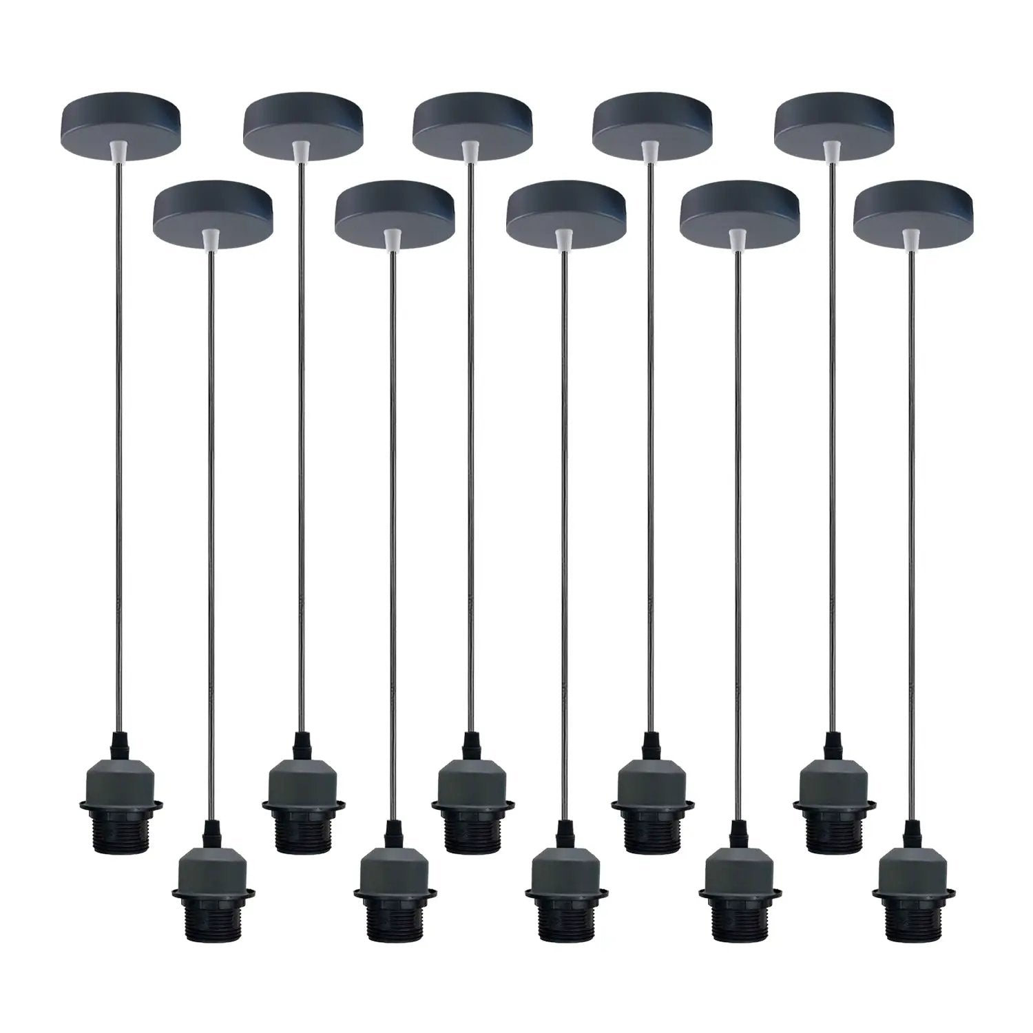 Un-branded 10 Pack Industrial Grey Pendant Light, Lampshade Addable E27 Lamp Holder Light, E27 UK Holder Set With PVC Cable. - Pendant Lights