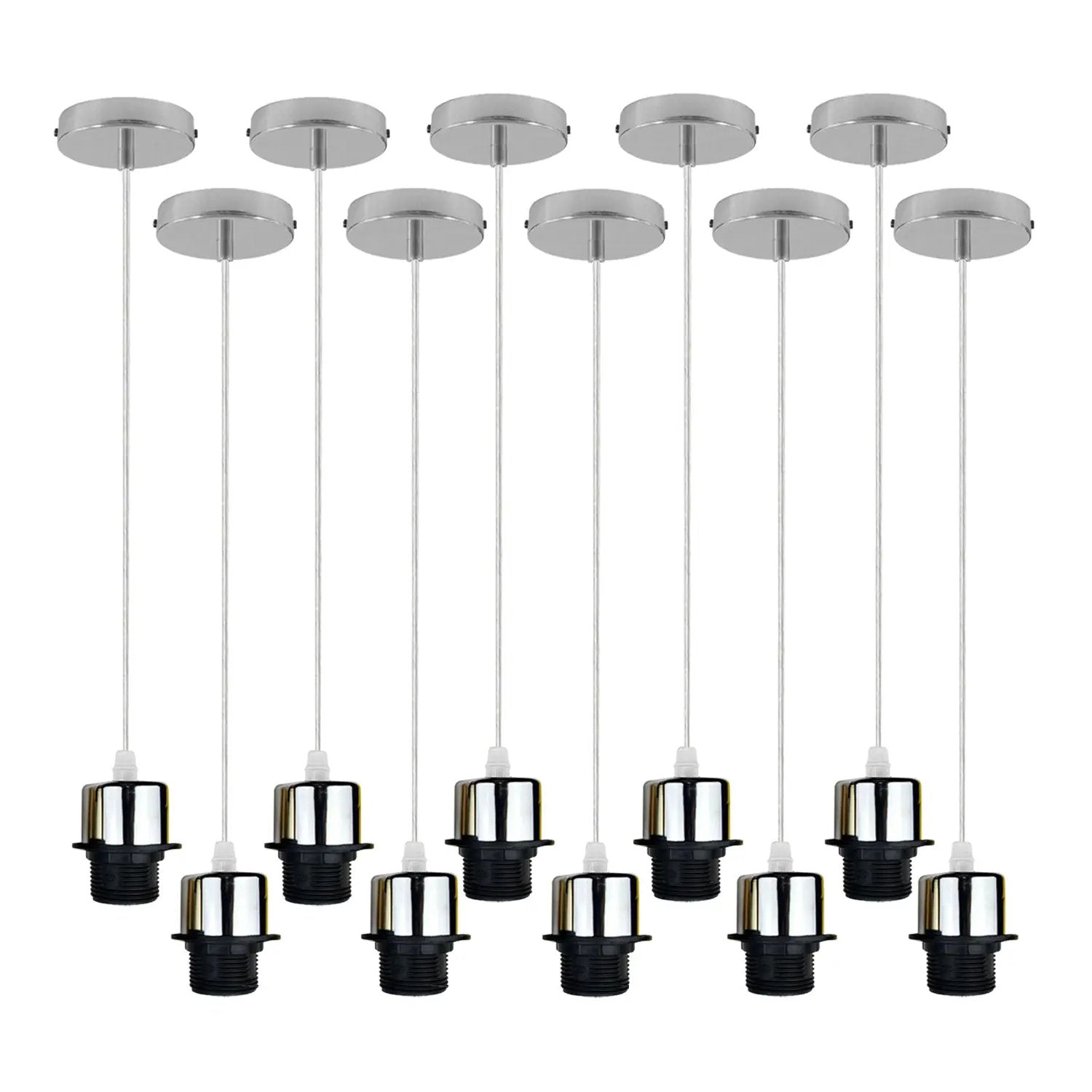 Un-branded 10 Pack Industrial Chrome Pendant Light, Lampshade Addable E27 Lamp Holder Light, E27 UK Holder Set With PVC Cable. - Pendant Lights