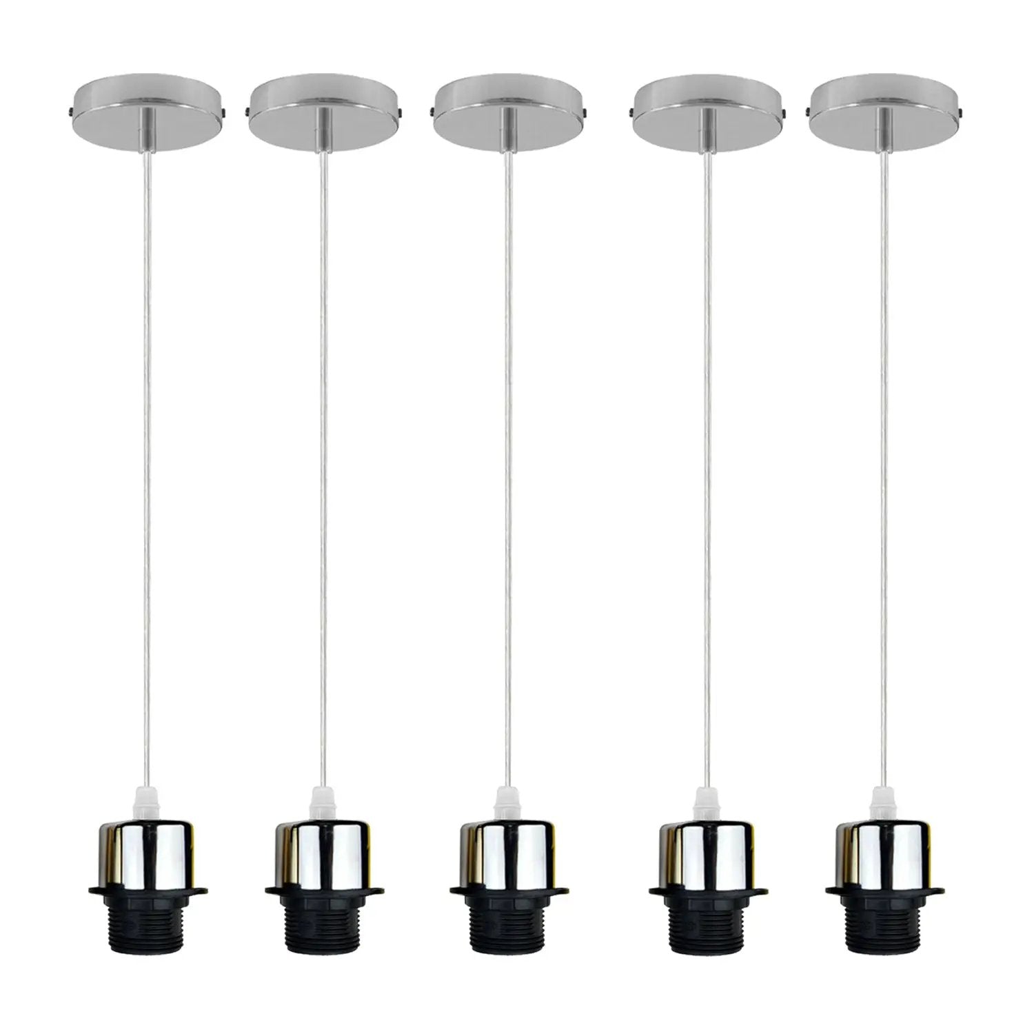 Un-branded 5 Pack Industrial Chrome Pendant Light, Lampshade Addable E27 Lamp Holder Light, E27 UK Holder Set With PVC Cable. - Pendant Lights