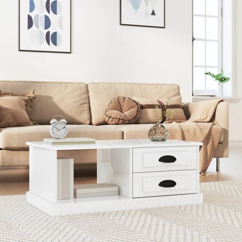 VidaXL White Coffee Table 90x50x35 cm Engineered Wood With Two Drawers And Open Shelf by vidaXL