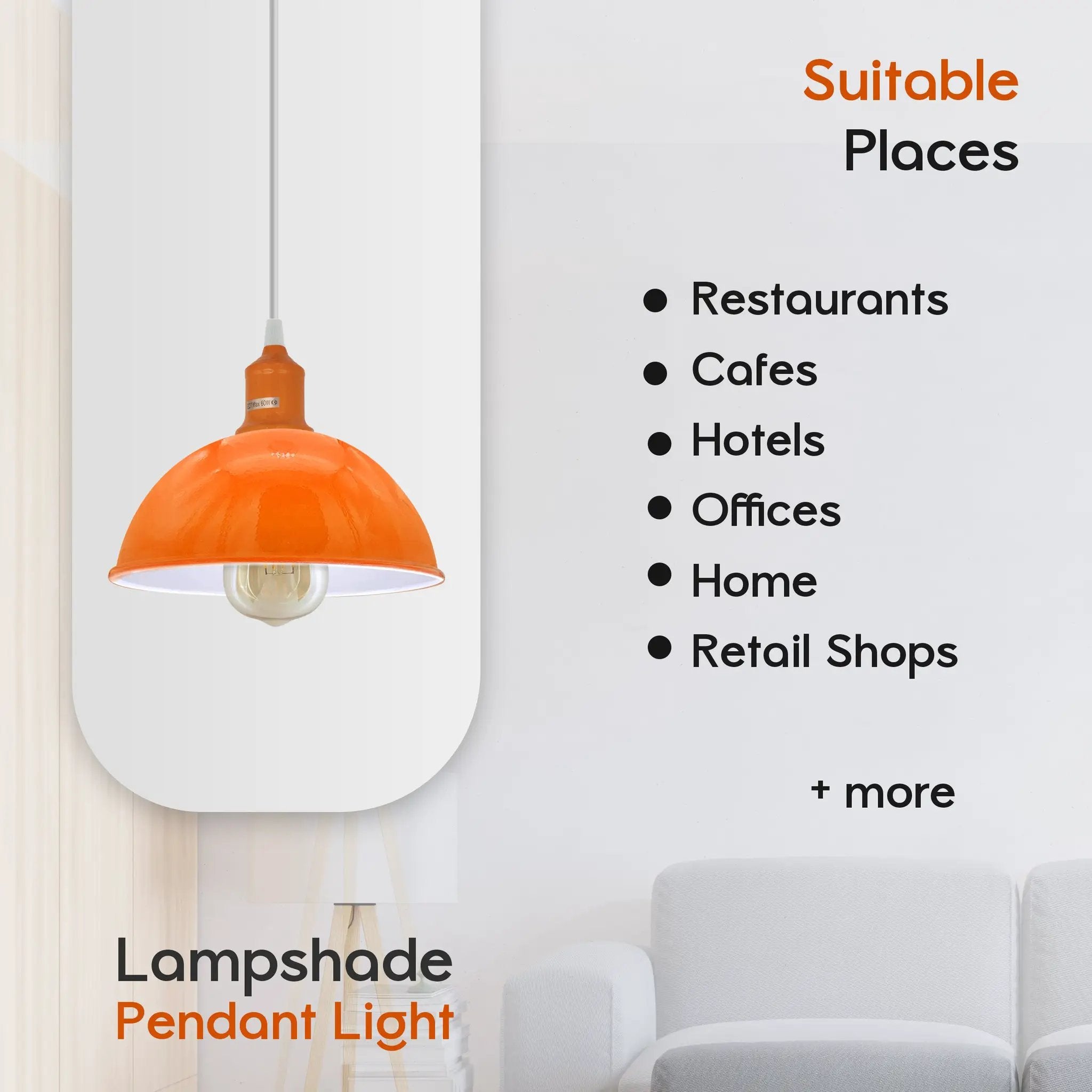 Un-branded 2Pack Dome Shaped Orange Loft Style Sturdy Metal Lamp Shade Pendant Lights 21cm Bottom Spray Painted Finish Inner White - Ceiling Lights