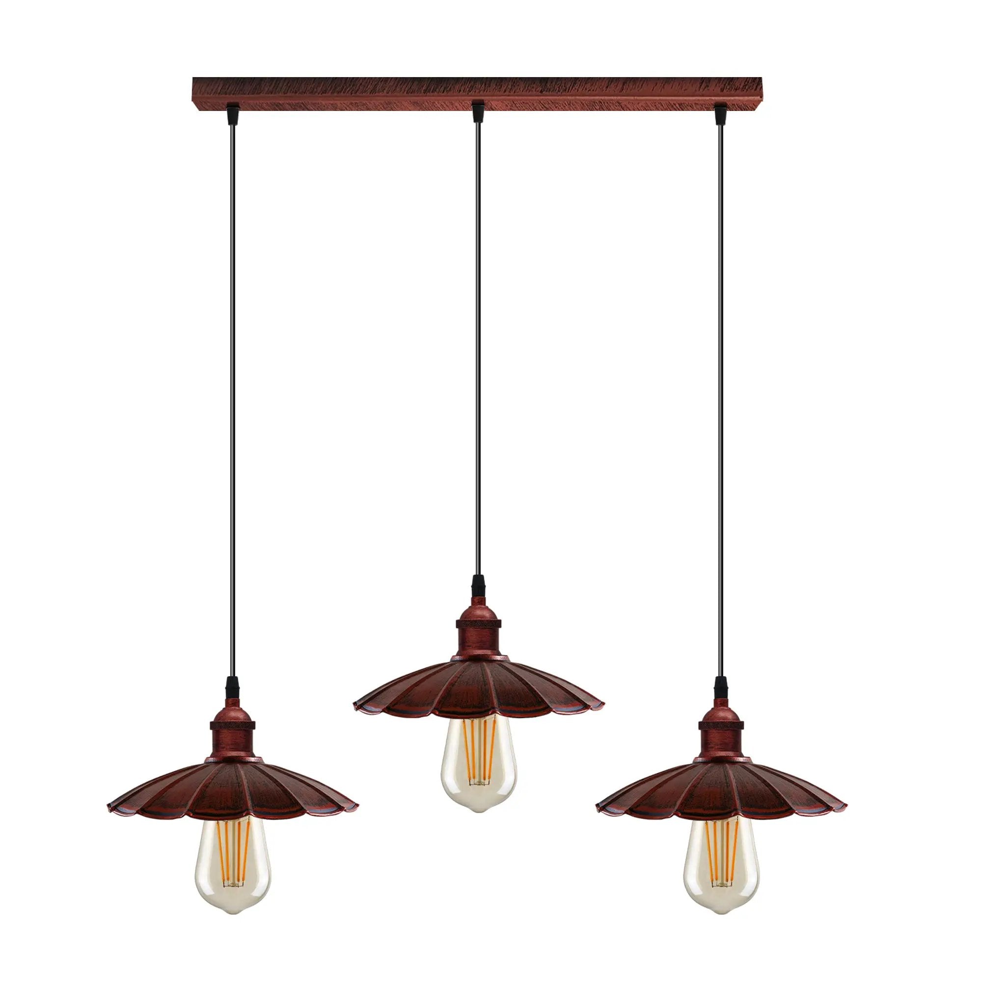 Un-branded Vintage Industrial Rustic Red 3 Head Reactangle Pendant Cord E27 Metal Brushed Light Fitting Umbrella Shape Lamp Shade - Pendant Lights